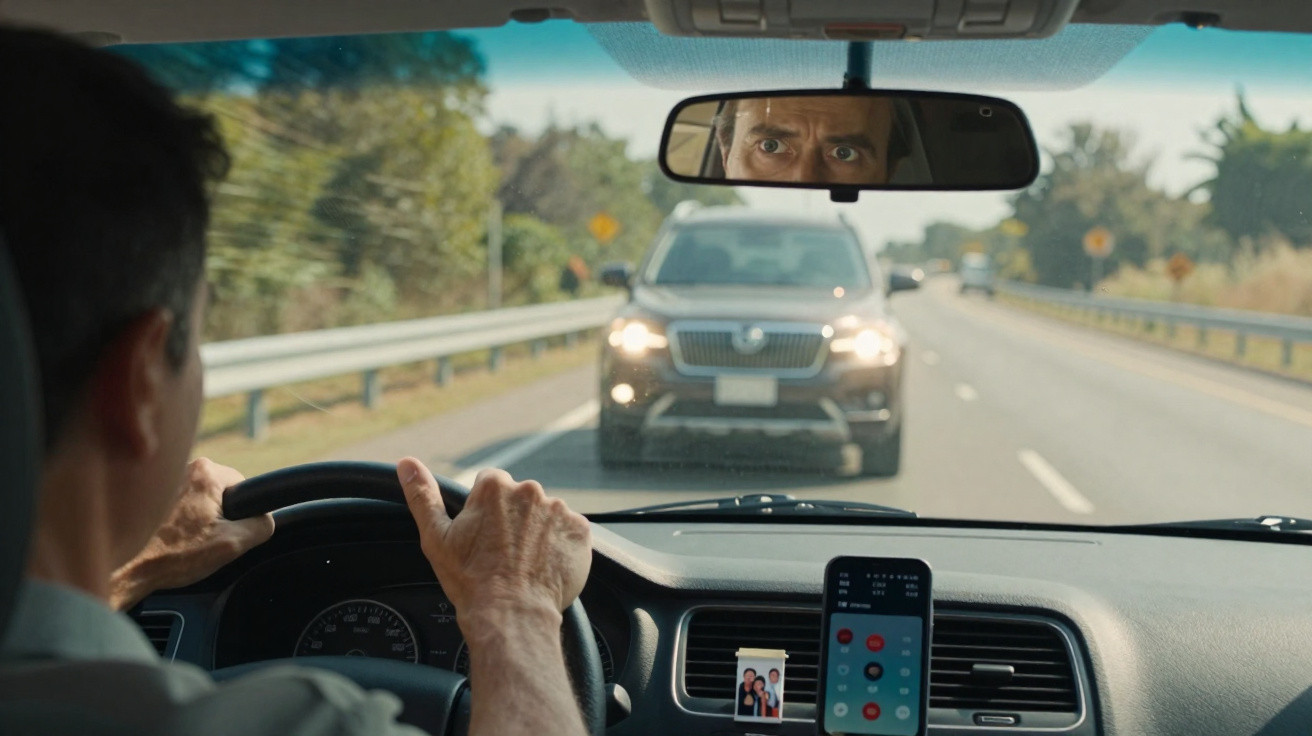 Motorista atento observa pelo retrovisor carro se aproximando em rodovia durante o dia.