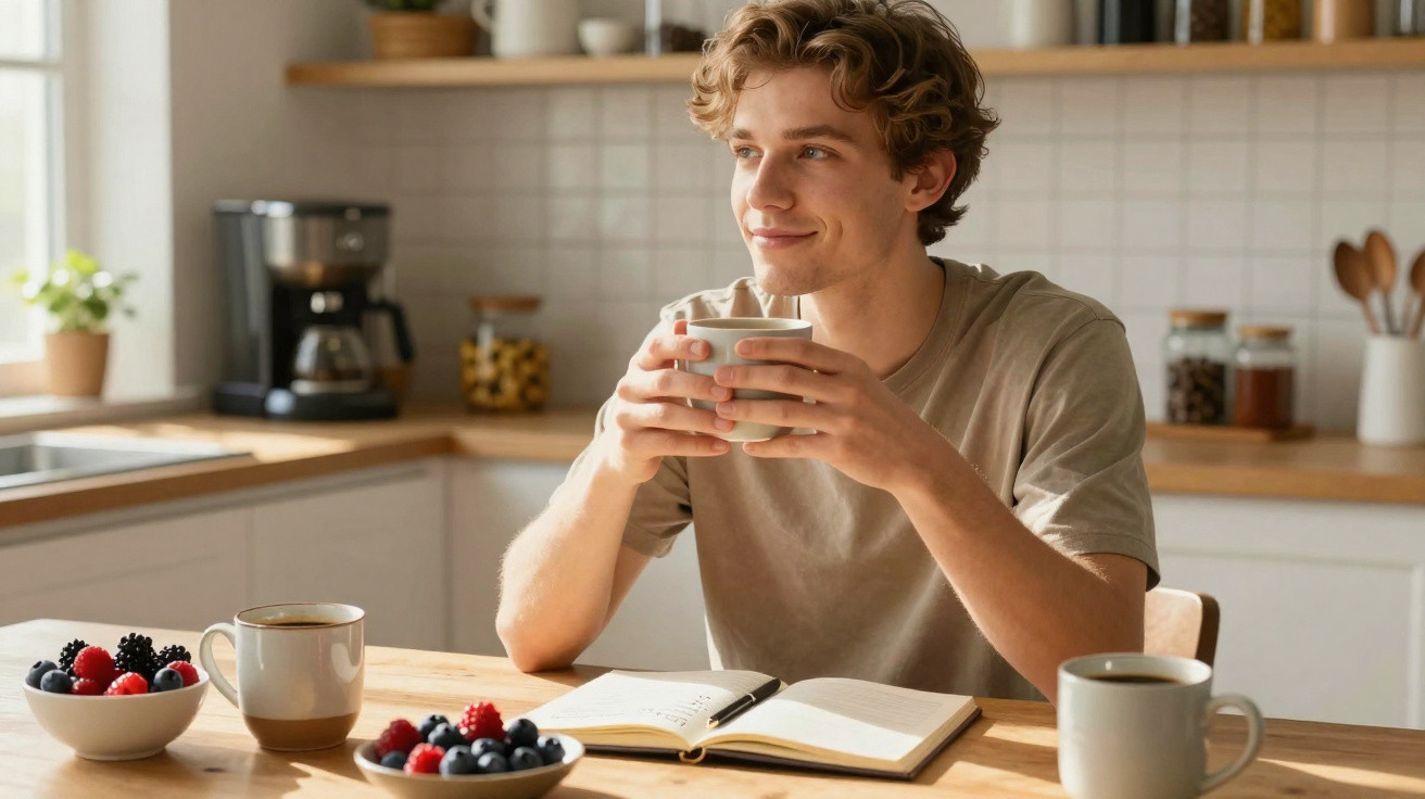 Jovem sorridente sentado na cozinha tomando café e lendo um livro, com frutas e canecas na mesa.