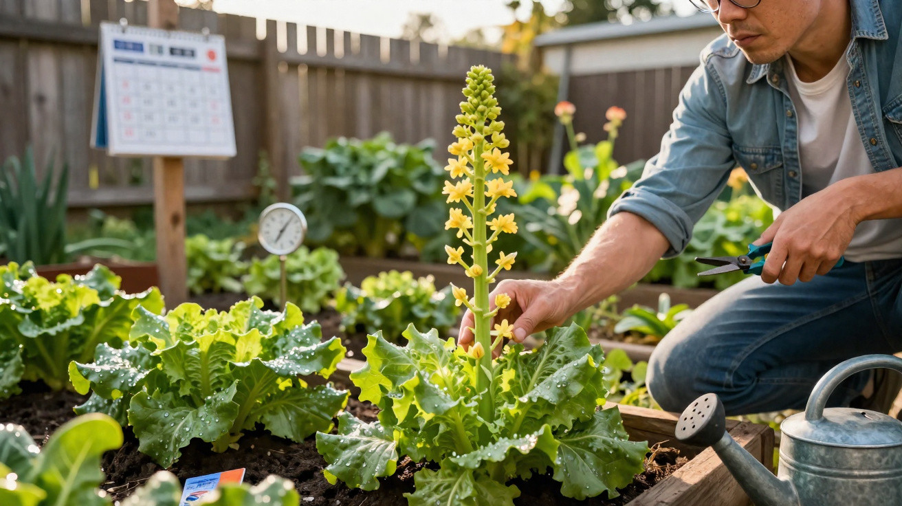 Homem cuidando de planta com flores amarelas em jardim com diversas hortaliças e regsador metalico.