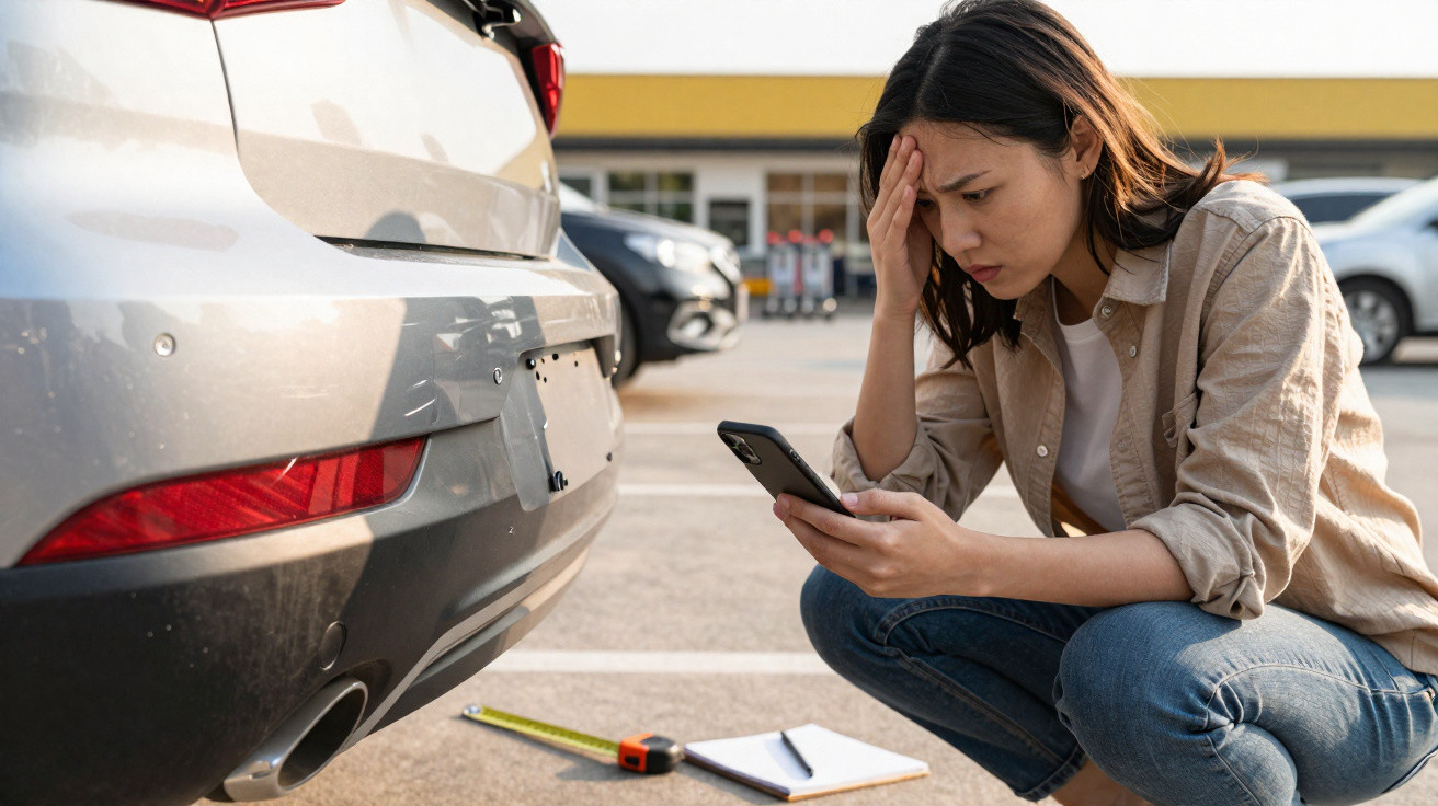 Mulher preocupada usando celular ao lado de carro com avaria na traseira em estacionamento.