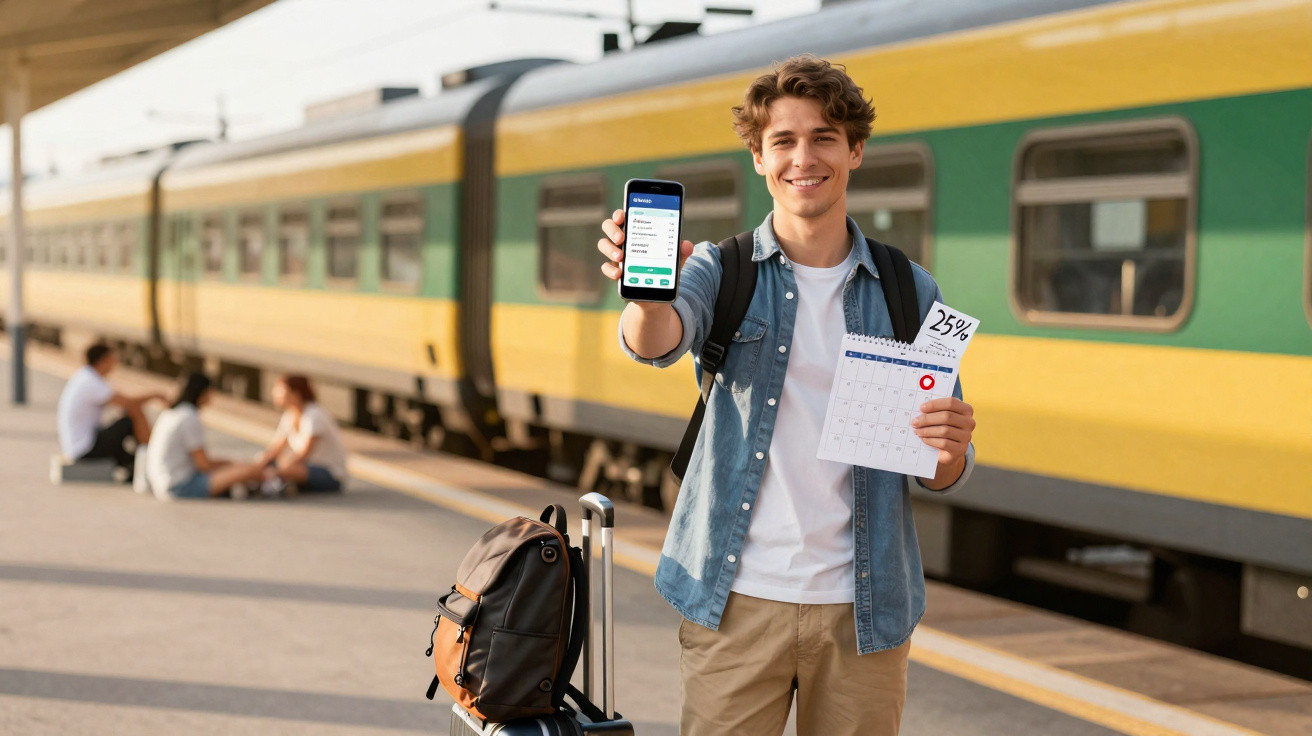 Jovem sorridente na estação de trem mostra celular com aplicativo e calendário com desconto de 25%.