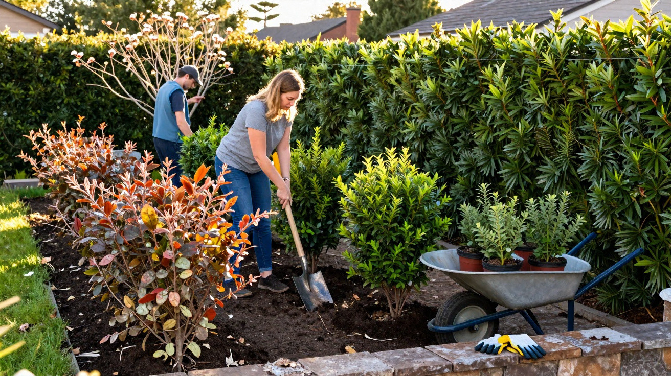 Duas pessoas plantando mudas e cuidando do jardim em área externa com plantas e carrinho de mão.