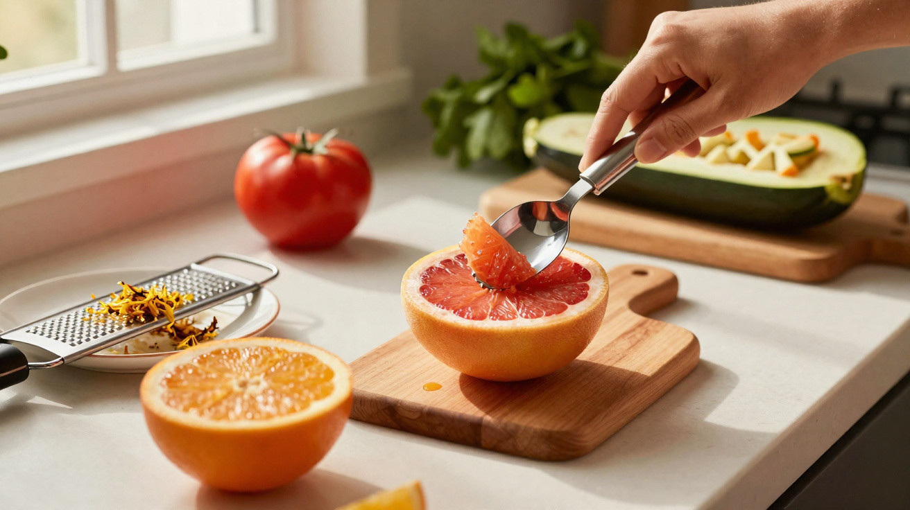 Pessoa usando colher para retirar polpa de grapefruit sobre tábua de madeira na cozinha.