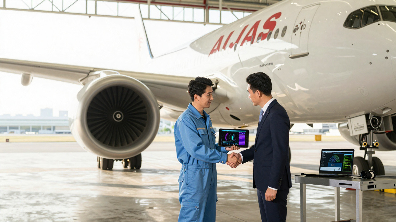 Homem de macacão azul e homem de terno apertam as mãos em hangar próximo a avião branco com motor visível.