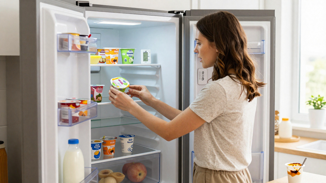 Mulher pega iogurte na geladeira aberta cheia de alimentos em cozinha iluminada.