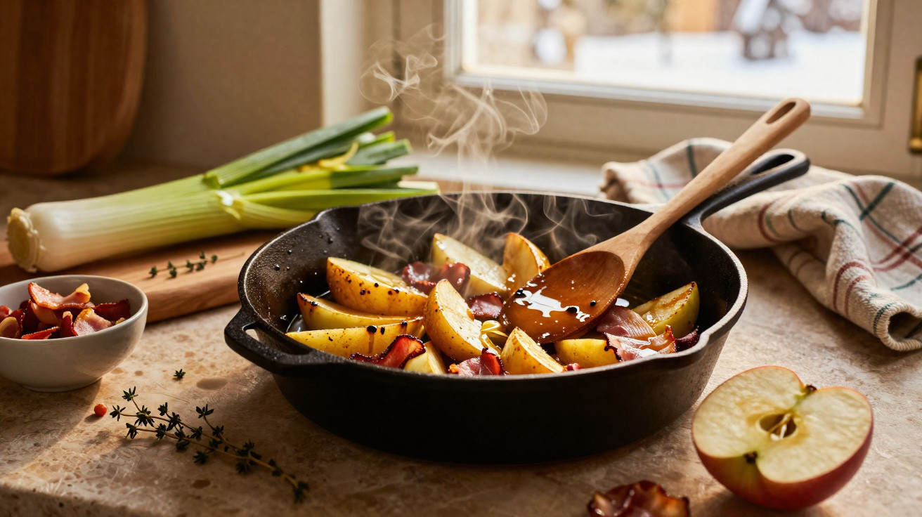 Tigela de ferro com batatas assadas e bacon fumegante, colher de madeira, cebola e maçã na bancada da cozinha.