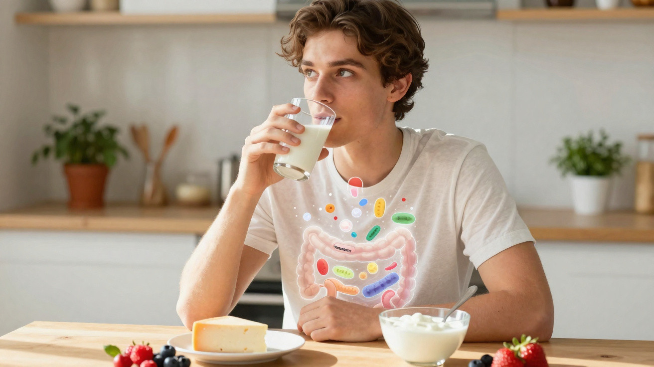 Homem bebendo leite, com ilustração digital de intestino e bactérias, em cozinha clara com frutas e queijo na mesa.