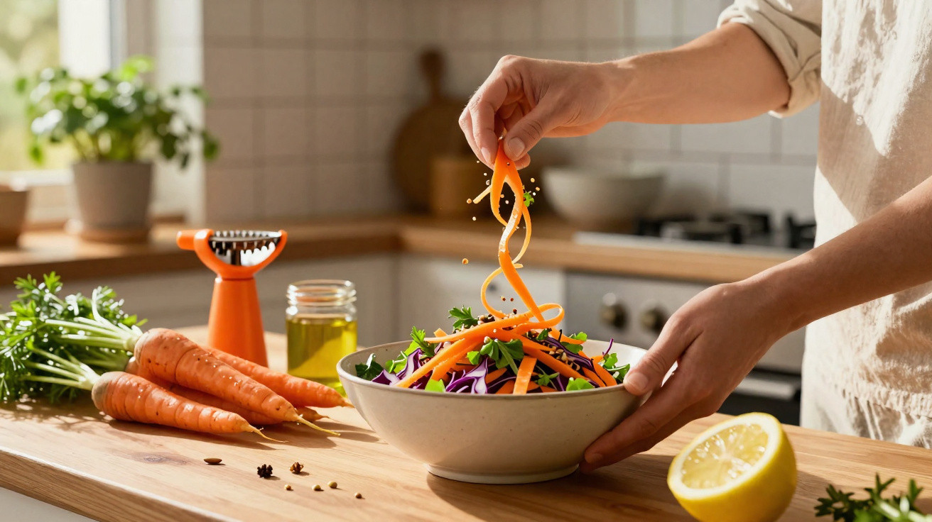 Pessoa preparando salada com tiras de cenoura e folhas em cozinha iluminada, com cenouras e limão na bancada.