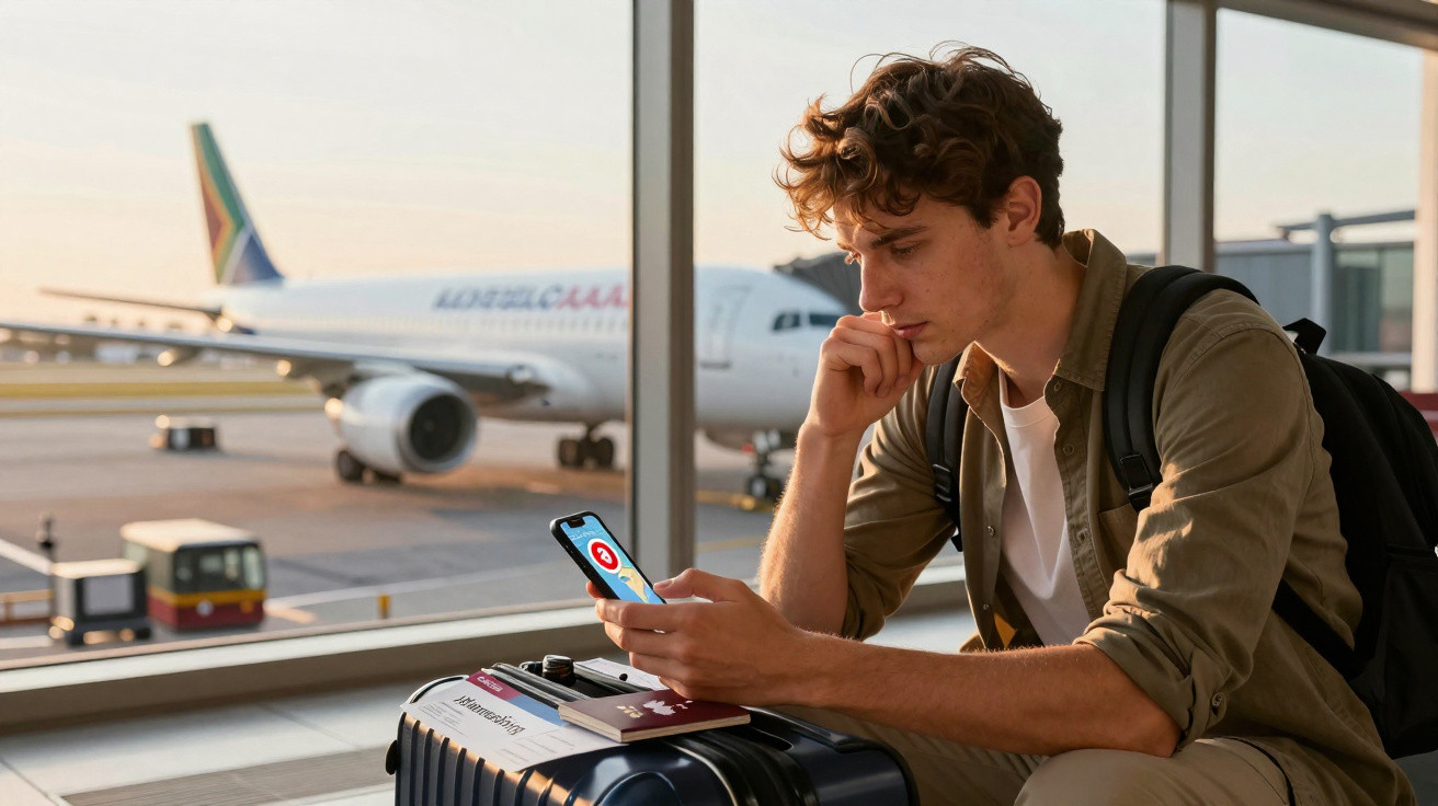 Jovem sentado em aeroporto, olhando o celular com mala e passaporte ao lado, avião ao fundo.