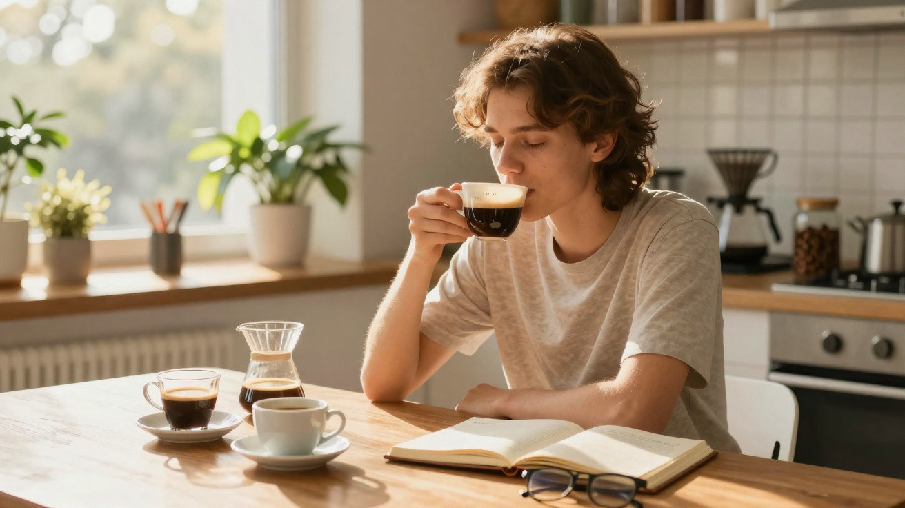 Jovem sentado à mesa na cozinha, lendo livro e tomando café em xícara transparente e branca.