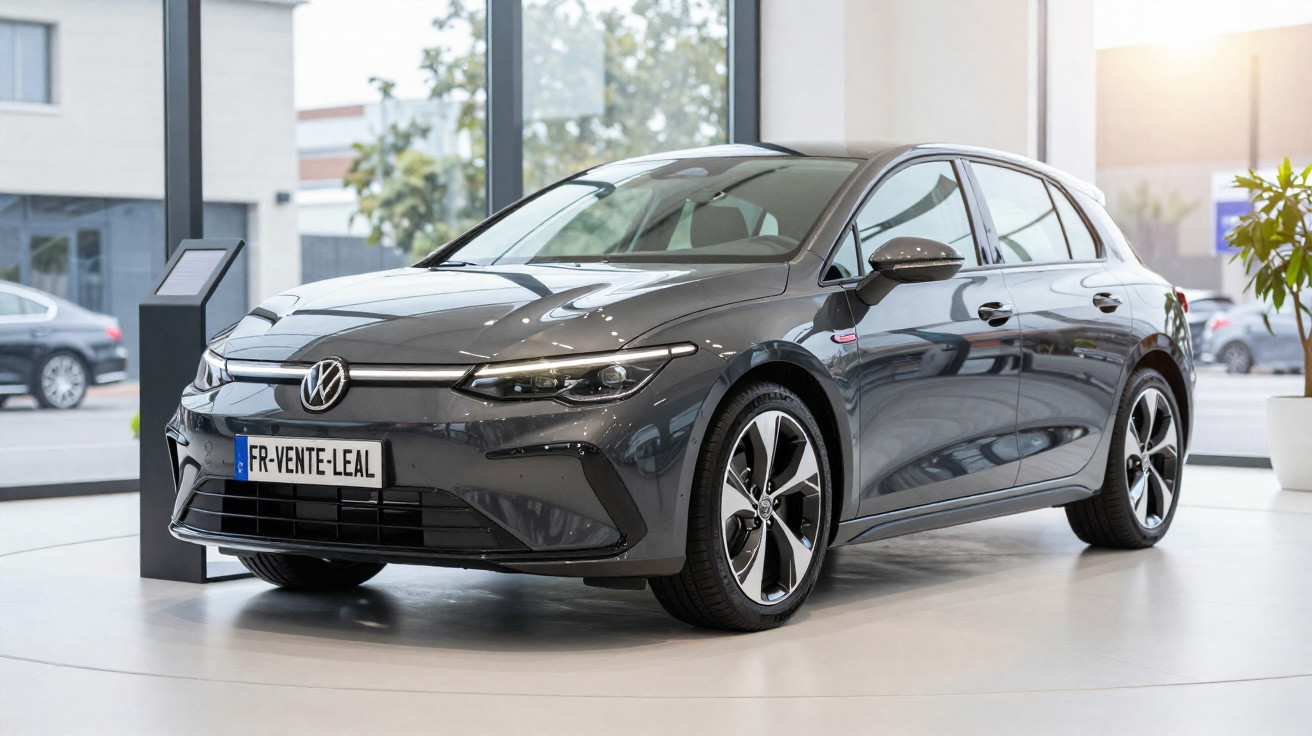 Carro elétrico Volkswagen ID.3 cinza exibido em showroom moderno com grandes janelas.