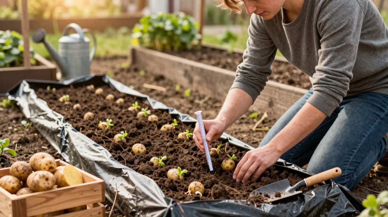 Pessoa medindo o espaçamento de batatas plantadas em canteiro de jardim com regador ao fundo.
