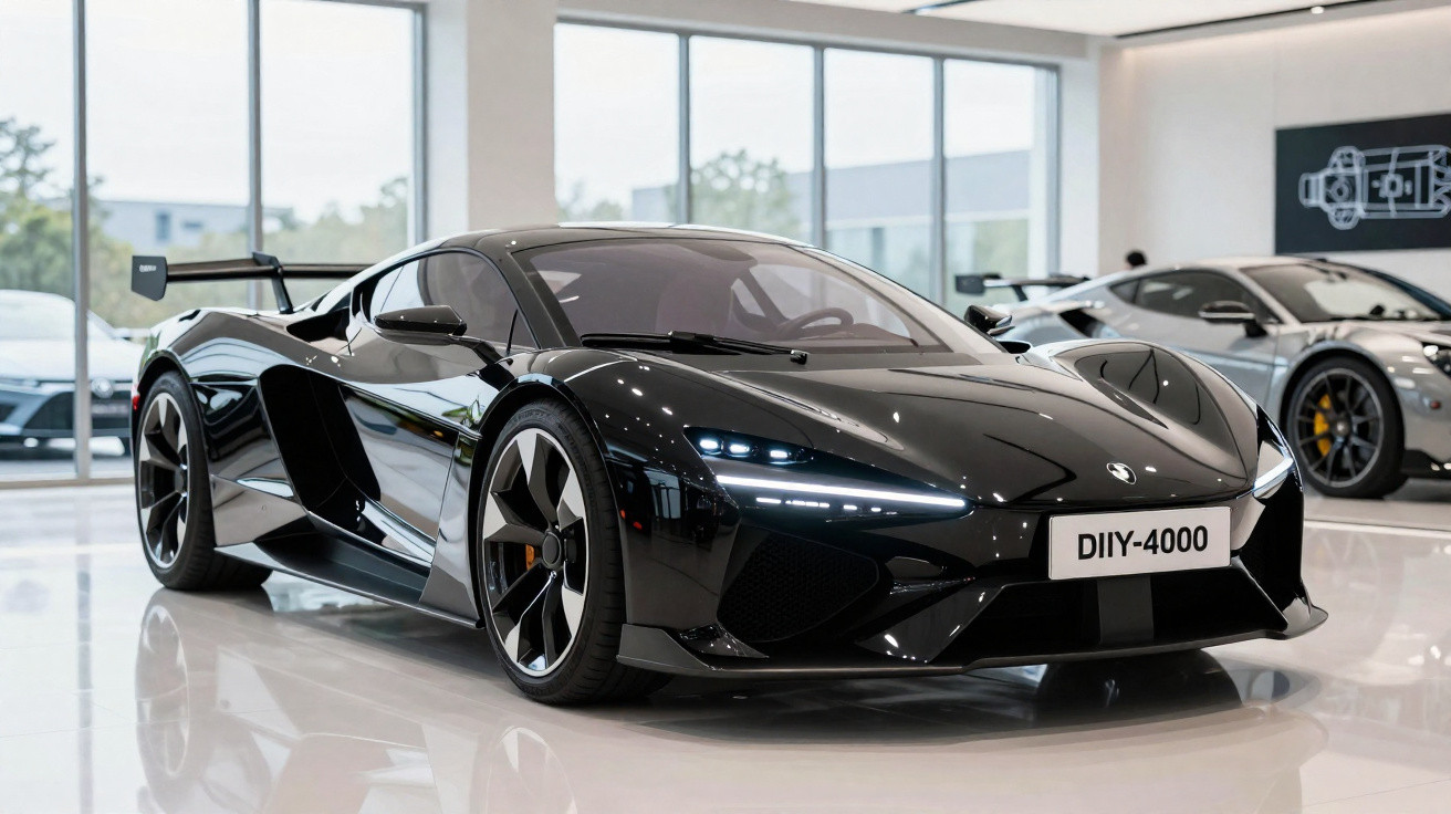 Carro esportivo preto luxuoso em showroom com faróis acesos e placa dianteira DIYY-4000.