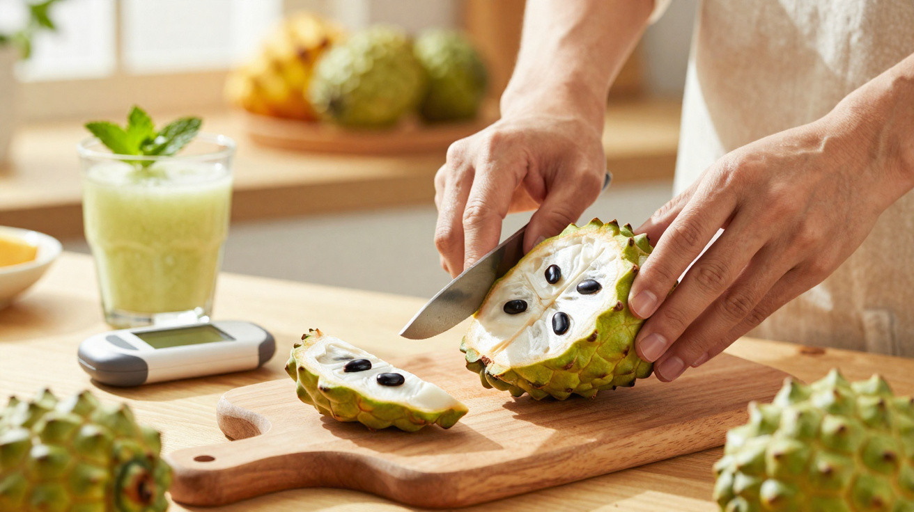 Pessoa cortando fruta graviola na tábua de madeira em cozinha clara, com suco verde ao fundo.