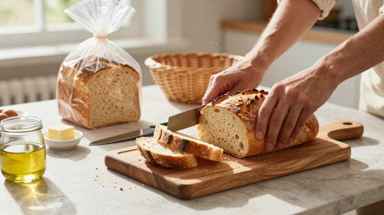 Mãos cortando pão fresco em fatias sobre tábua de madeira em cozinha iluminada.