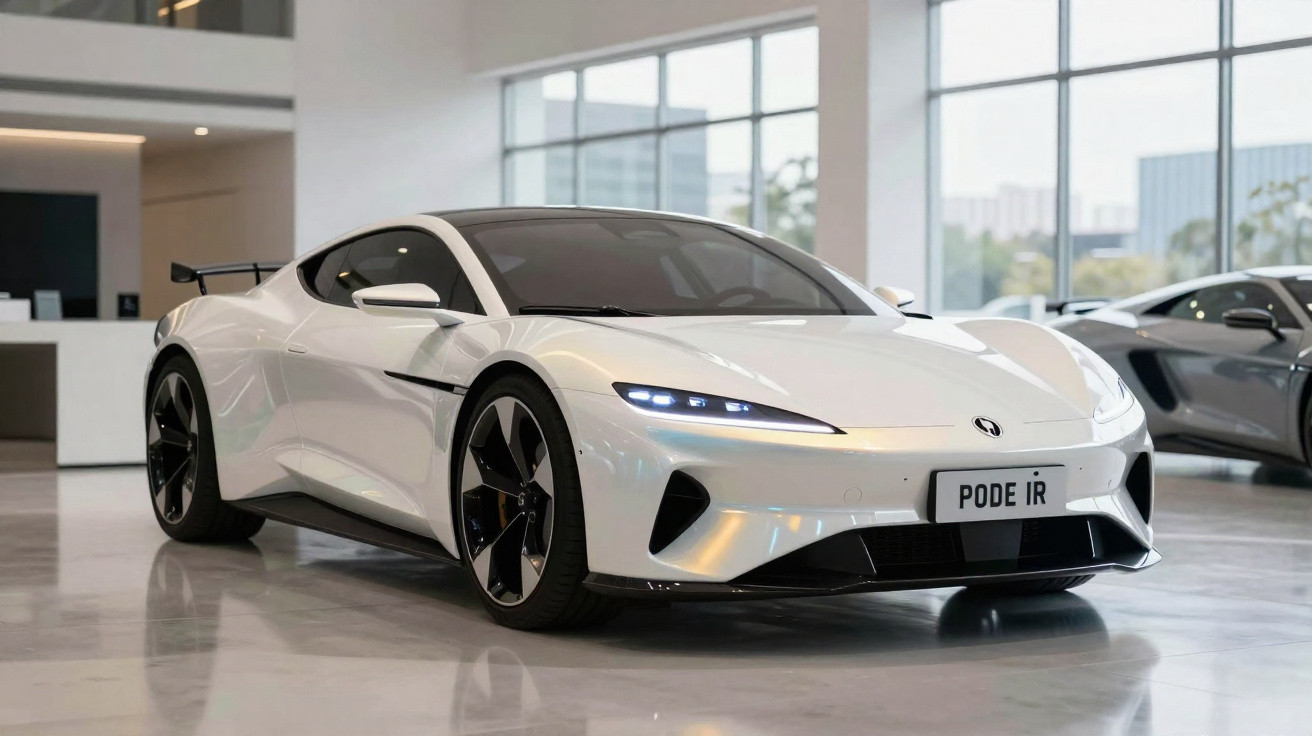 Carro esportivo branco com detalhes pretos em ambiente interno moderno, placa personalizada com escrito "PODE IR".