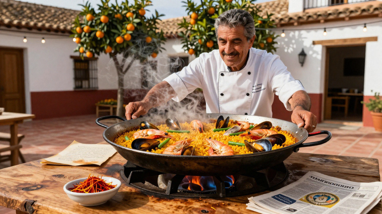 Chef prepara paella com frutos do mar em grande panela sobre fogareiro, ao ar livre em pátio com laranjeiras.