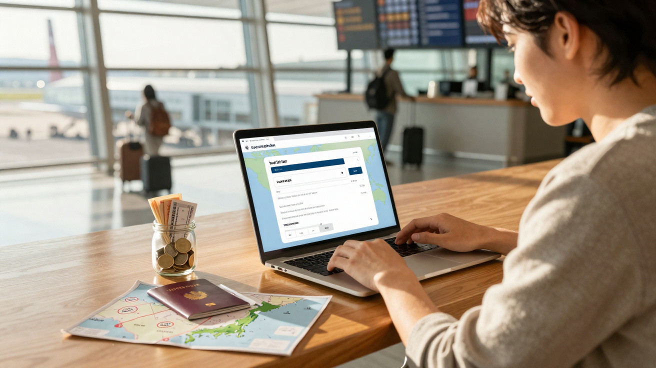 Pessoa usando laptop em mesa no aeroporto com mapa, passaporte e cofrinho de moedas.
