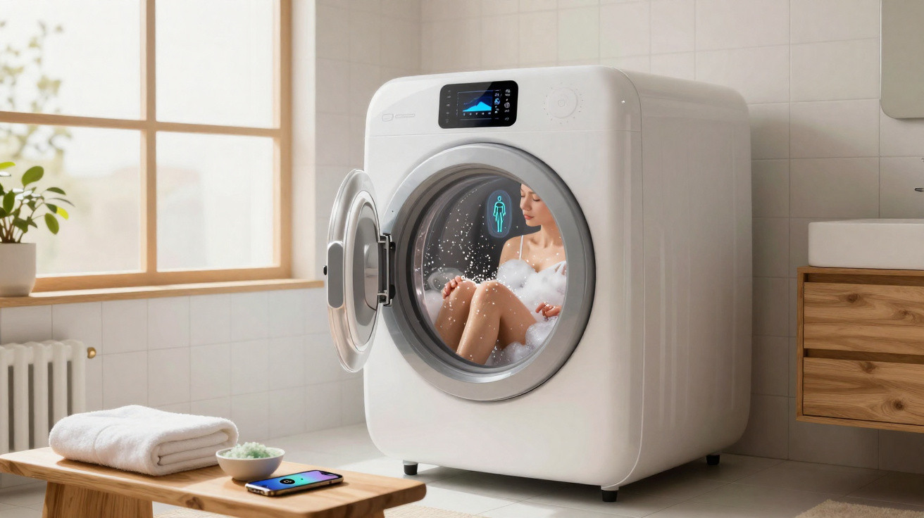 Mulher sentada dentro de máquina de lavar branca em lavanderia clara e organizada.