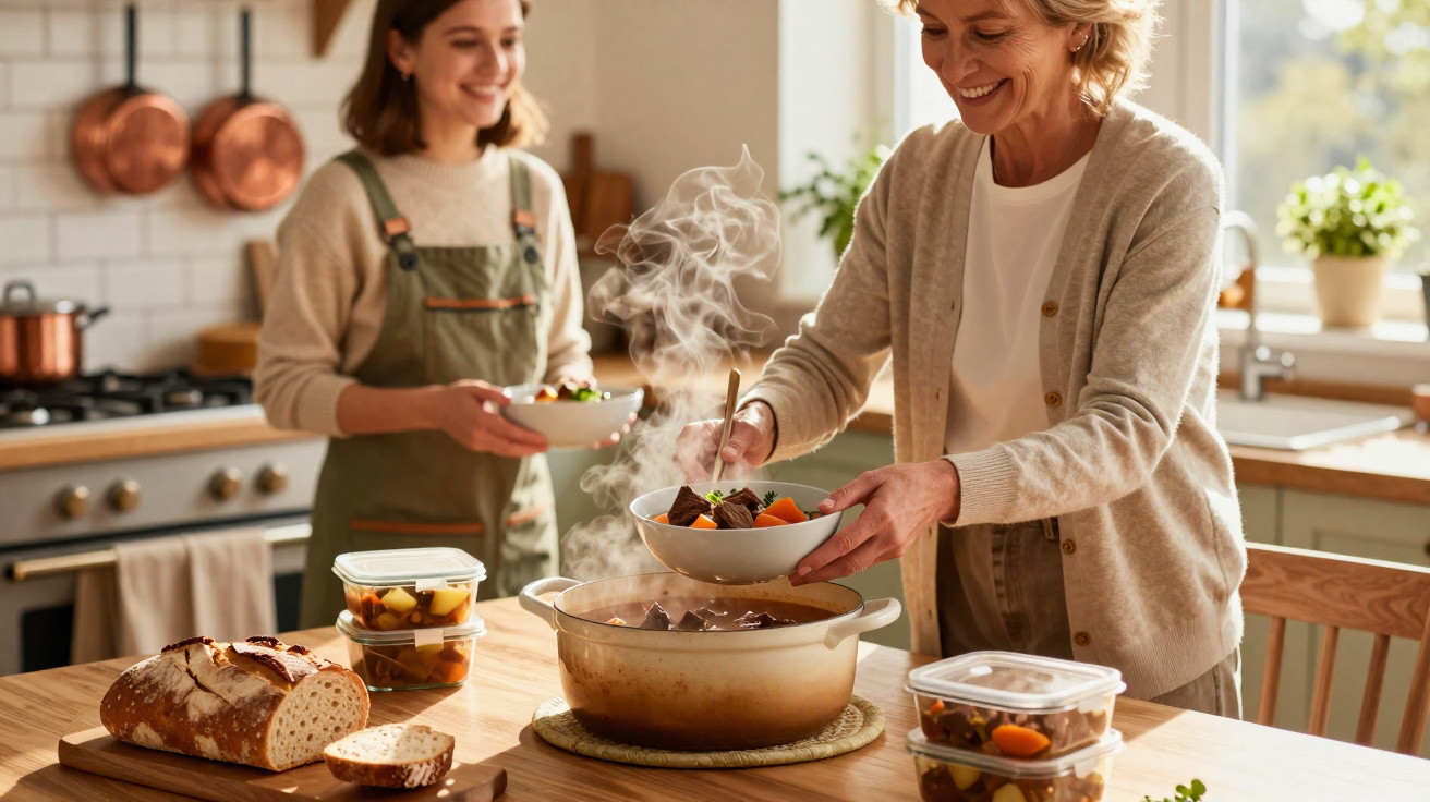 Duas mulheres servindo sopa quente em tigelas numa cozinha clara e aconchegante, com pão e potes na mesa.