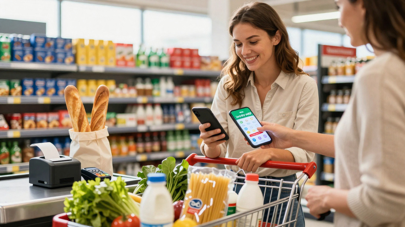 Duas mulheres fazendo pagamento com celular em supermercado, com carrinho cheio de alimentos frescos.