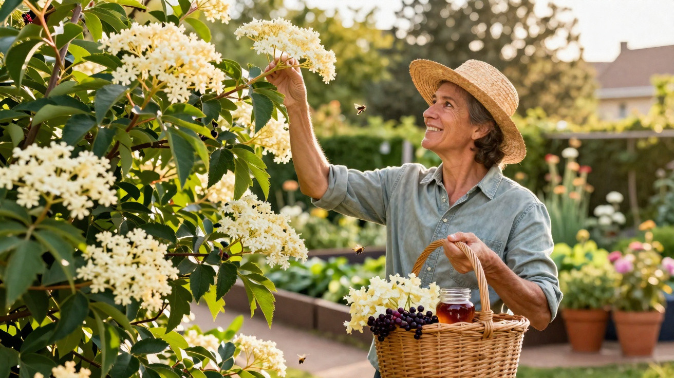 Mulher sorridente colhendo flores brancas em jardim, com chapéu e cesta com flores e mel.