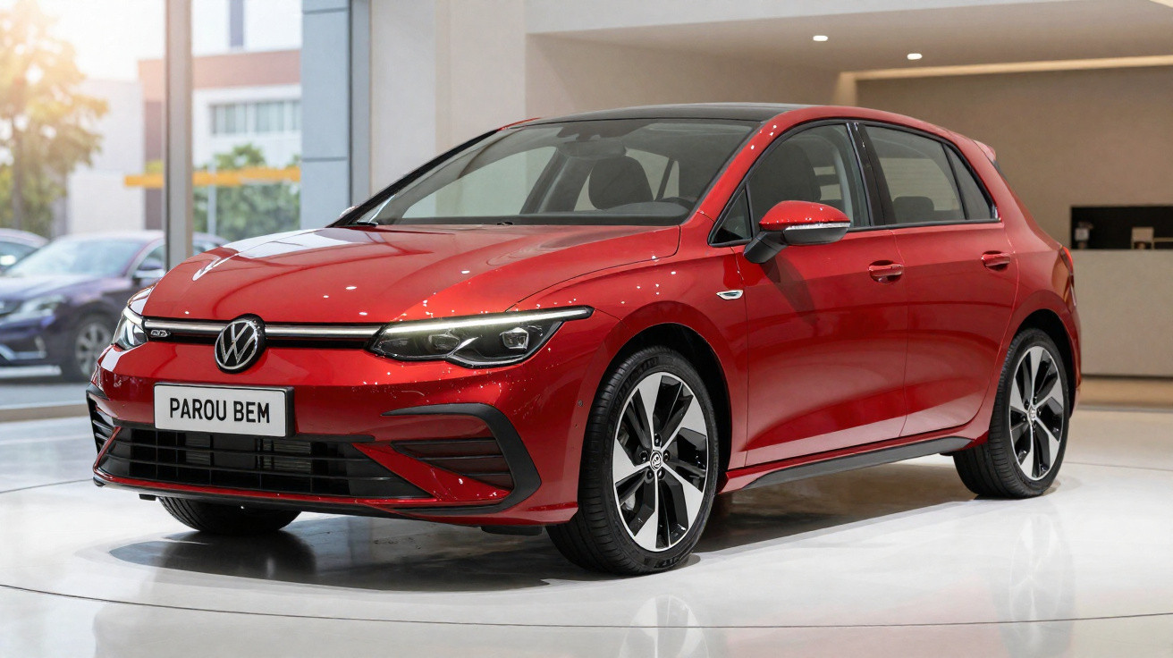 Carro vermelho Volkswagen hatch compacto exposto em showroom moderno com placa personalizada "Parou Bem".