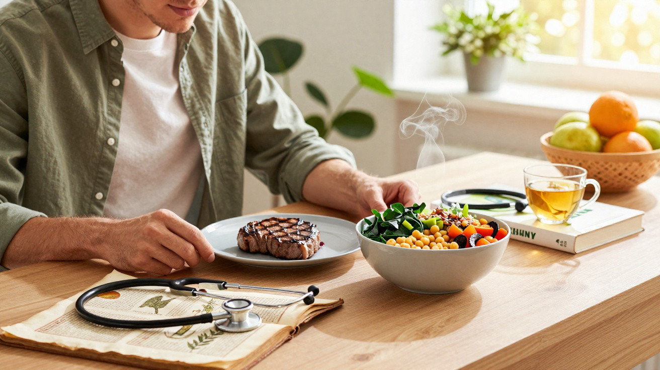 Pessoa sentada à mesa com bife grelhado, salada quente, estetóscopio e chá ao sol na janela.