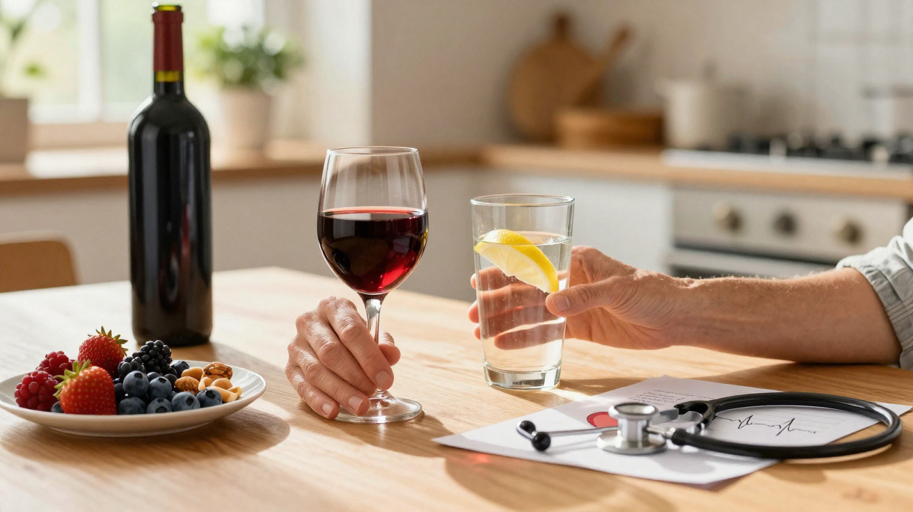 Mesa com taça de vinho tinto, copo com água e limão, frutas e estetoscópio em ambiente de cozinha.