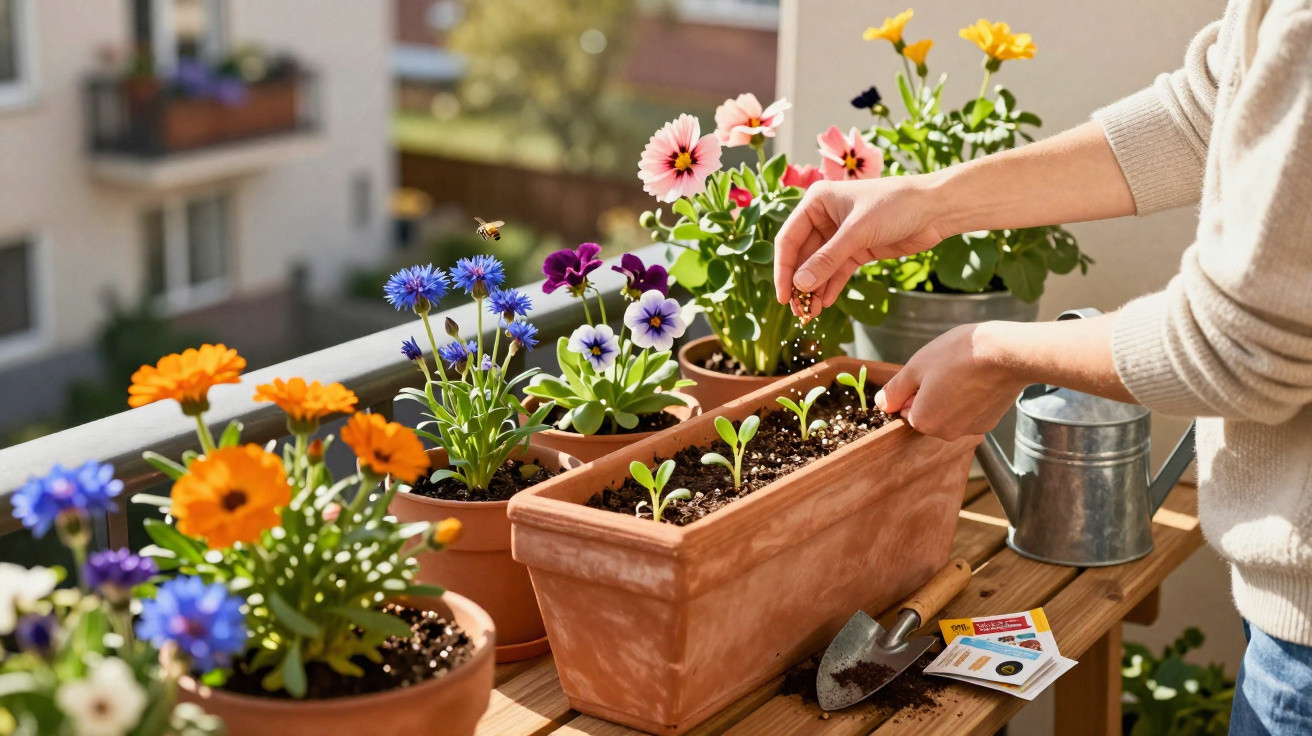 Pessoa plantando mudas em floreiras com flores coloridas em varanda ensolarada.