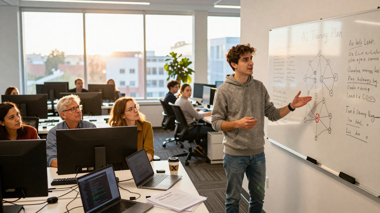 Jovem apresenta plano de treinamento em IA para equipe atenta em escritório moderno com computadores.