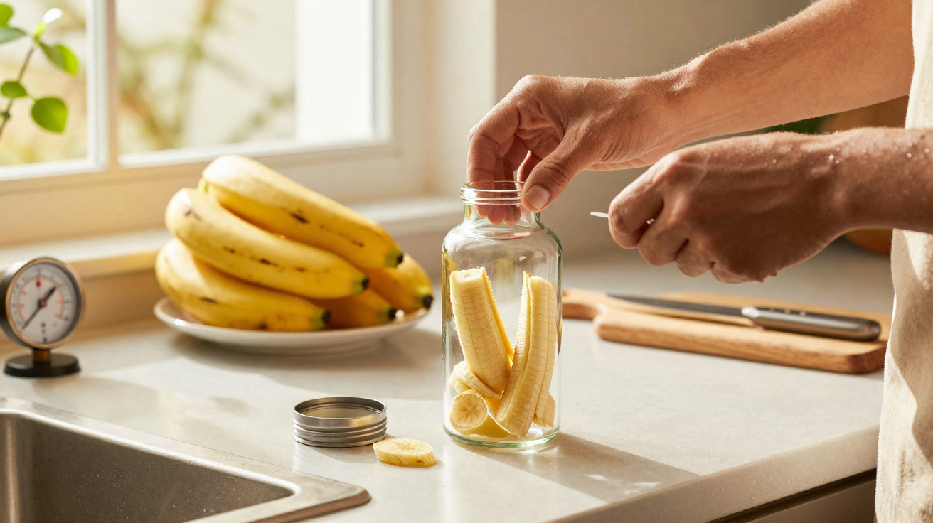 Mãos colocando pedaços de banana em um pote de vidro na cozinha, com cacho de bananas ao fundo.