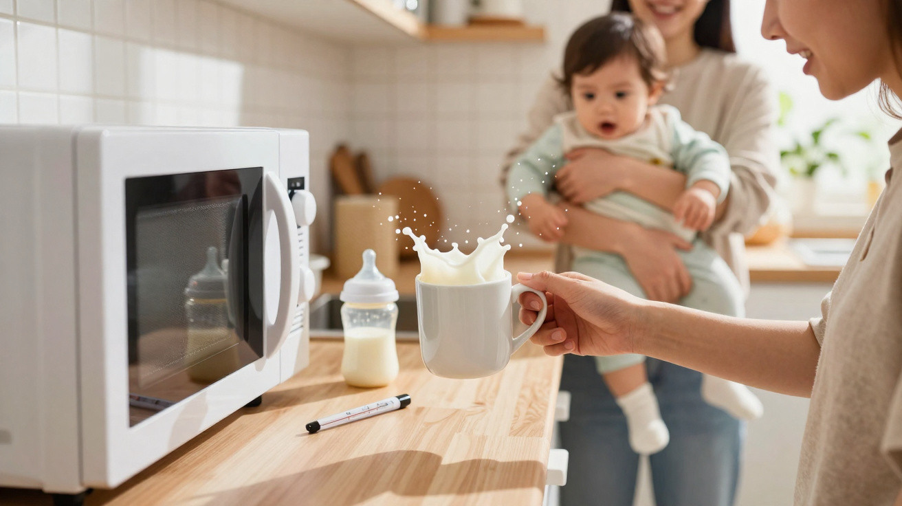 Cozinha com micro-ondas, copo de leite derramando e mãe segurando bebê ao fundo sorrindo.