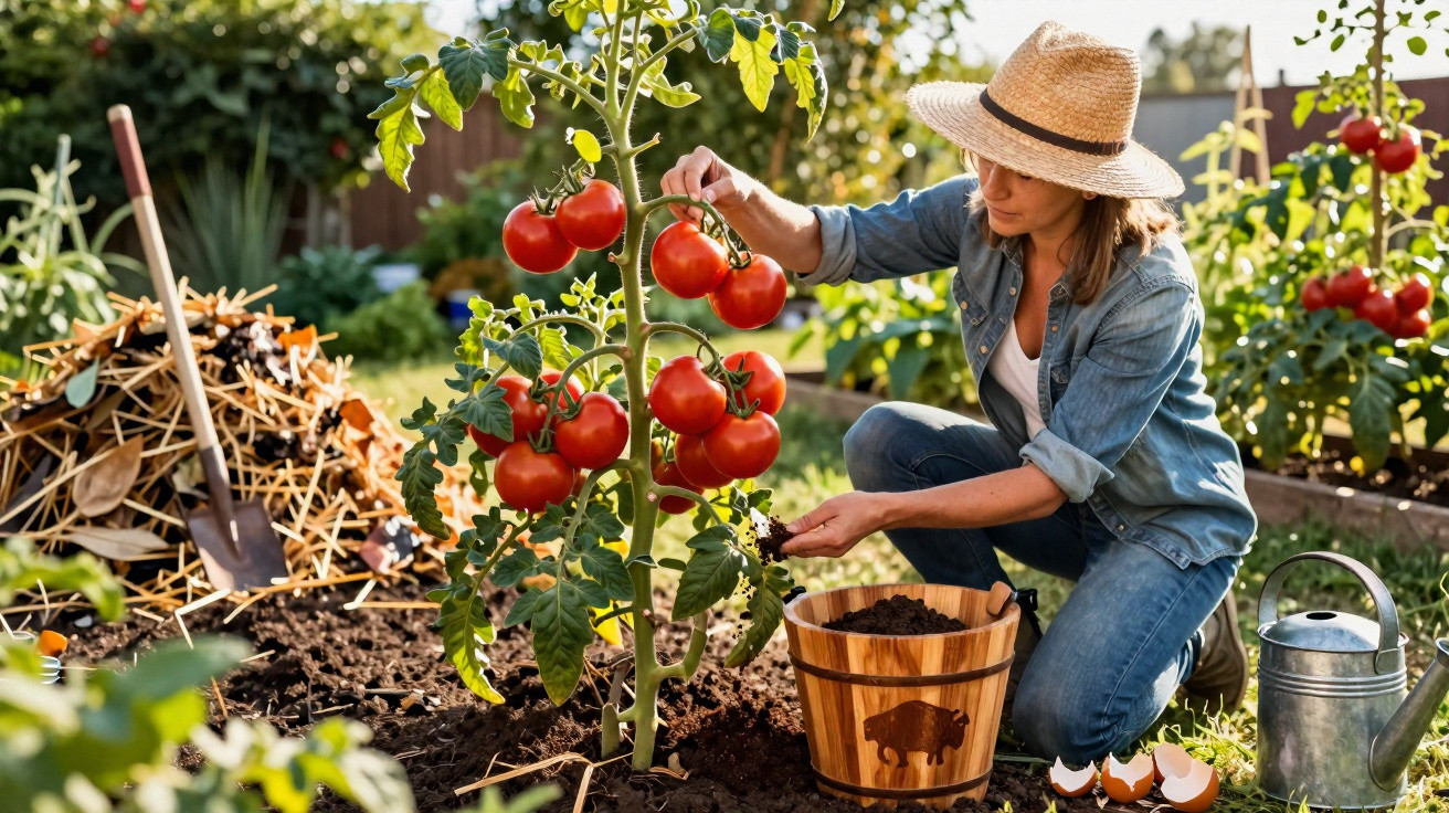 Mulher com chapéu colhendo tomates vermelhos em plantação no jardim ensolarado.