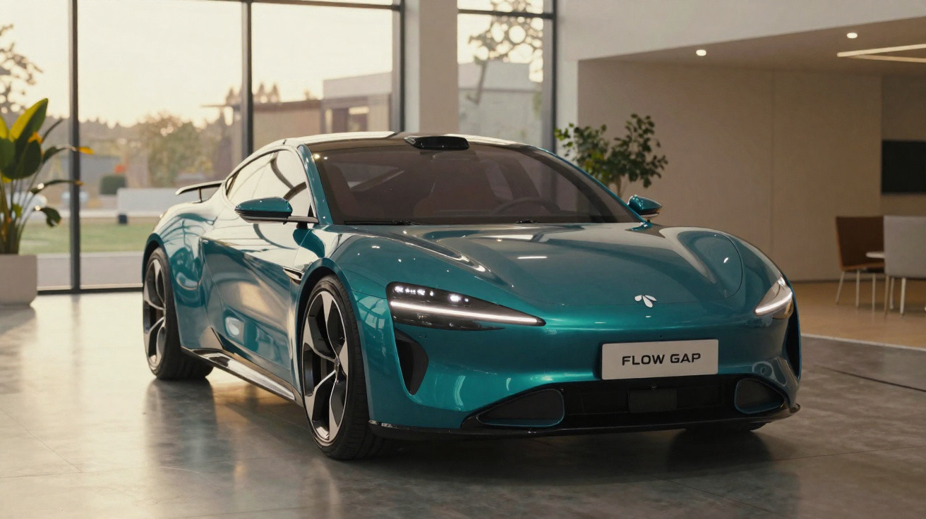 Carro esportivo elétrico azul em showroom moderno com grandes janelas e piso cinza polido.