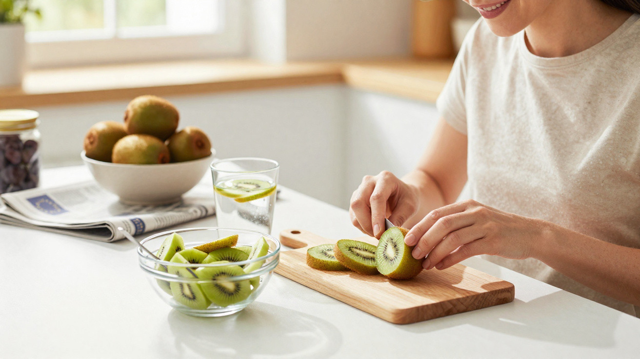 Pessoa cortando kiwi em fatias sobre tábua de madeira em cozinha iluminada pela luz natural.