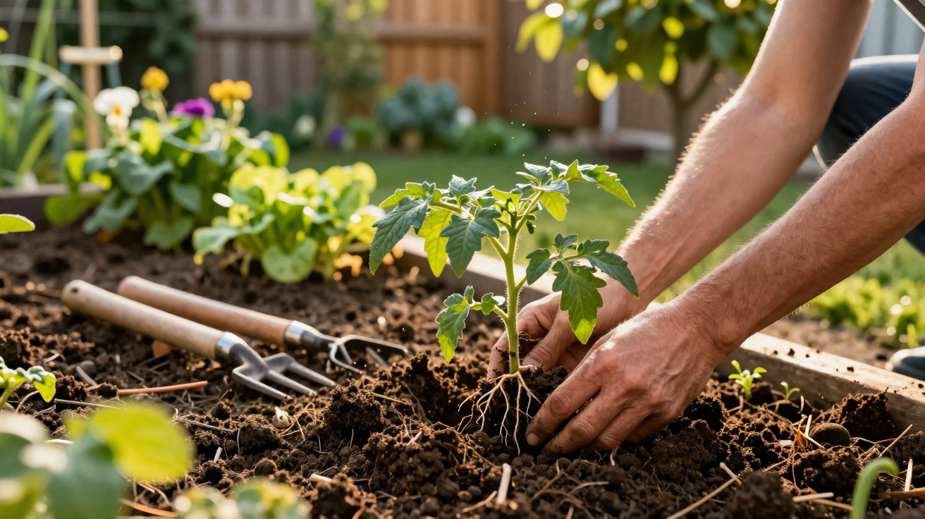 Pessoa plantando muda de tomateiro em solo fértil no jardim, com ferramentas de jardinagem ao lado.