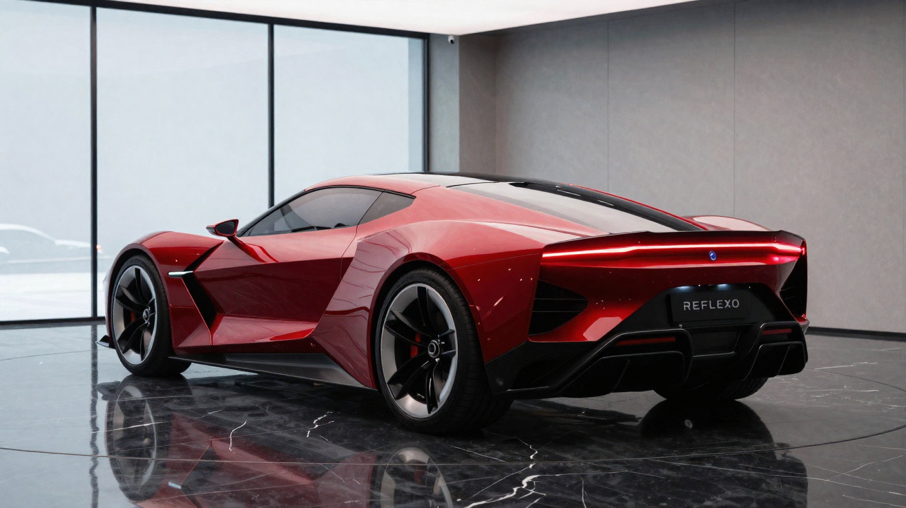 Carro esportivo vermelho futurista modelo Reflexo estacionado em piso de mármore preto em ambiente moderno internas.