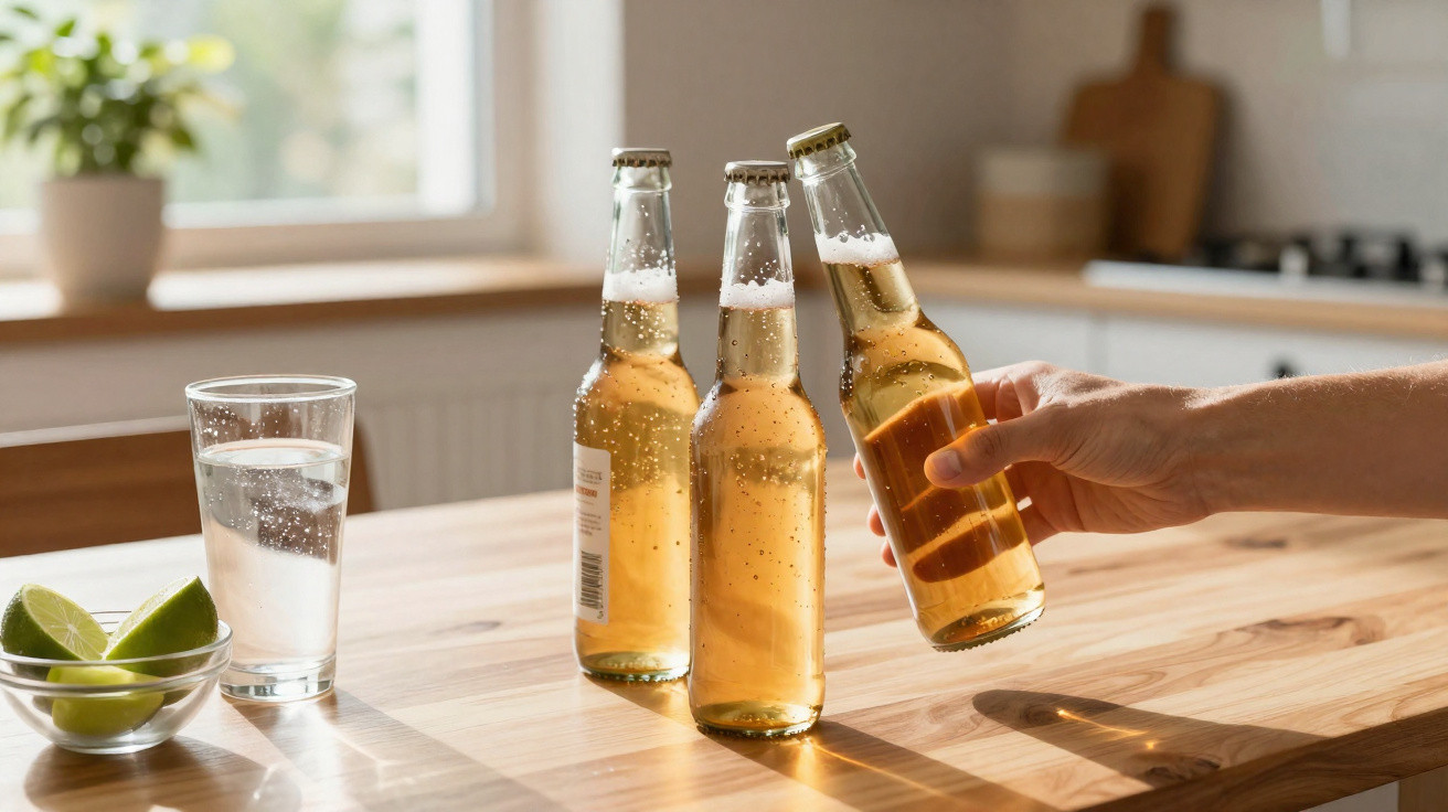 Três garrafas de cerveja em mesa de madeira, mão pegando uma delas, copo de água e limão ao lado.