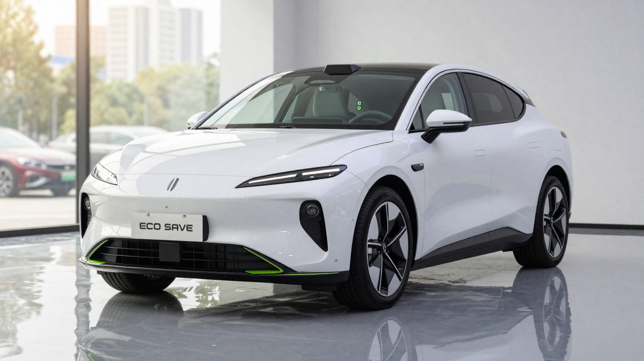 Carro elétrico branco Eco Save exibido em showroom com teto preto e detalhes verdes na grade frontal.