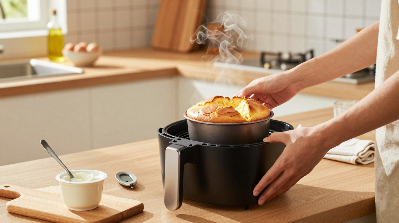 Pessoas removendo bolo assado quente de frigideira de air fryer em cozinha clara e moderna.