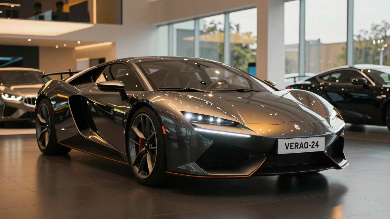 Carro esportivo cinza metálico moderno em exibição em ambiente interno com iluminação suave.
