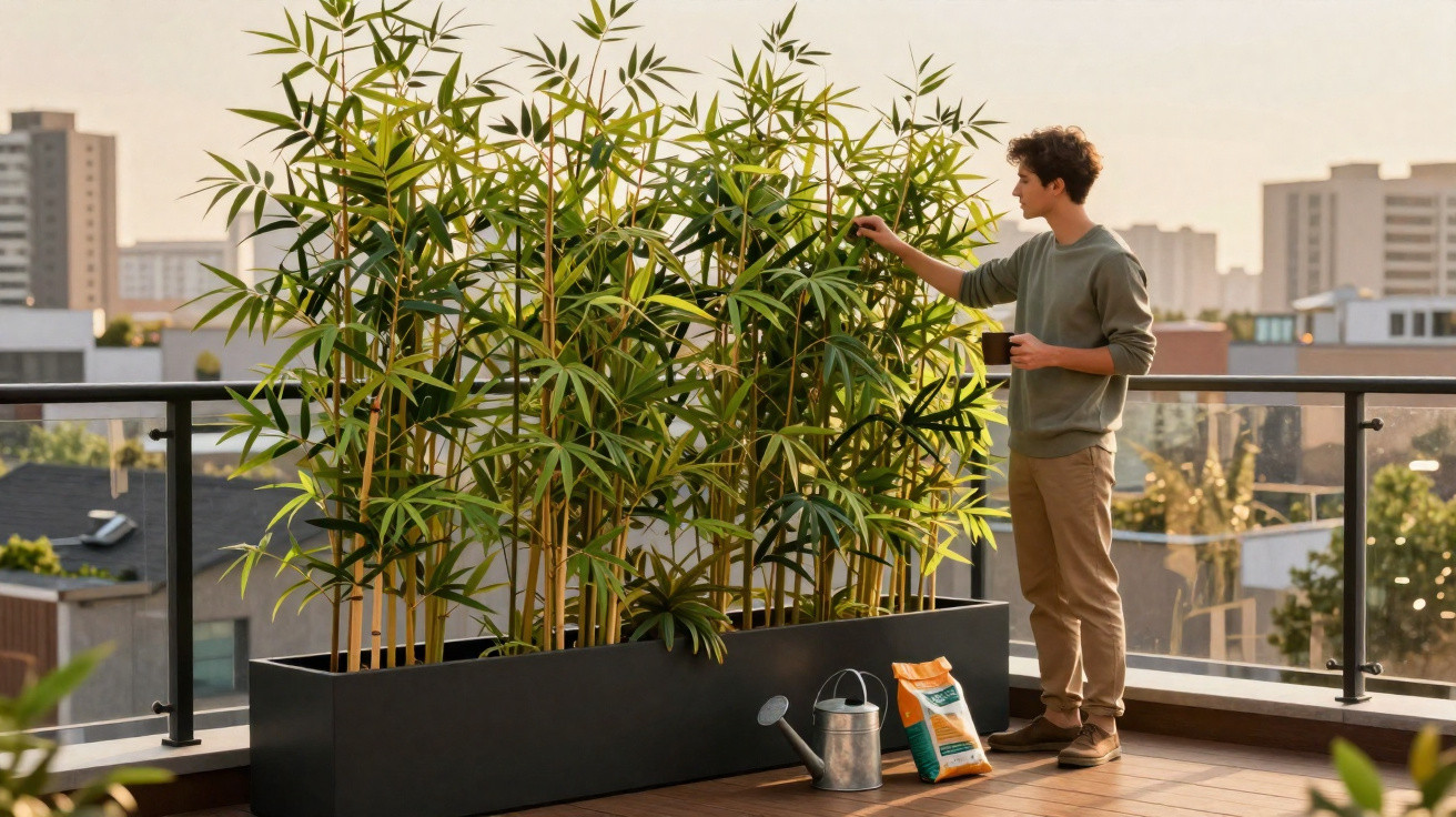 Jovem cuidando de plantas em vaso grande na sacada com regador e jardim urbano ao fundo.