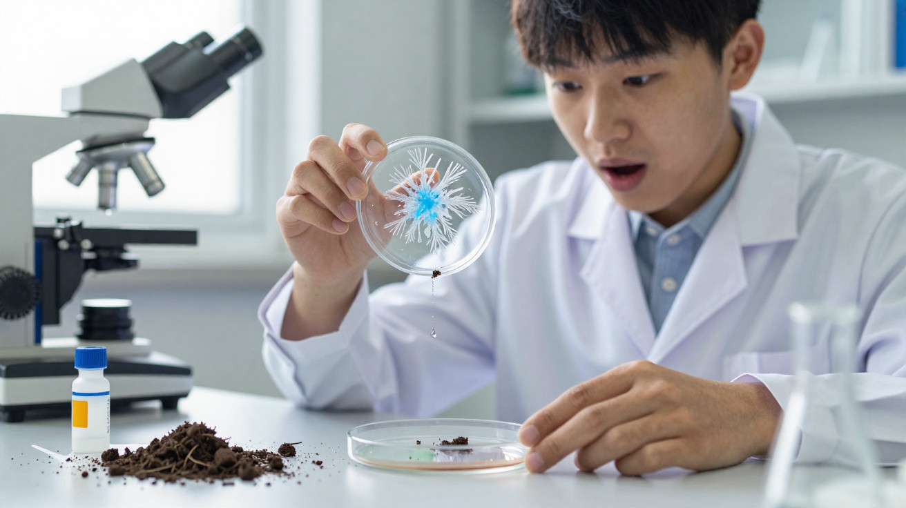 Jovem cientista observa cultura de bactérias em placa de petri dentro de laboratório com microscópio ao fundo.