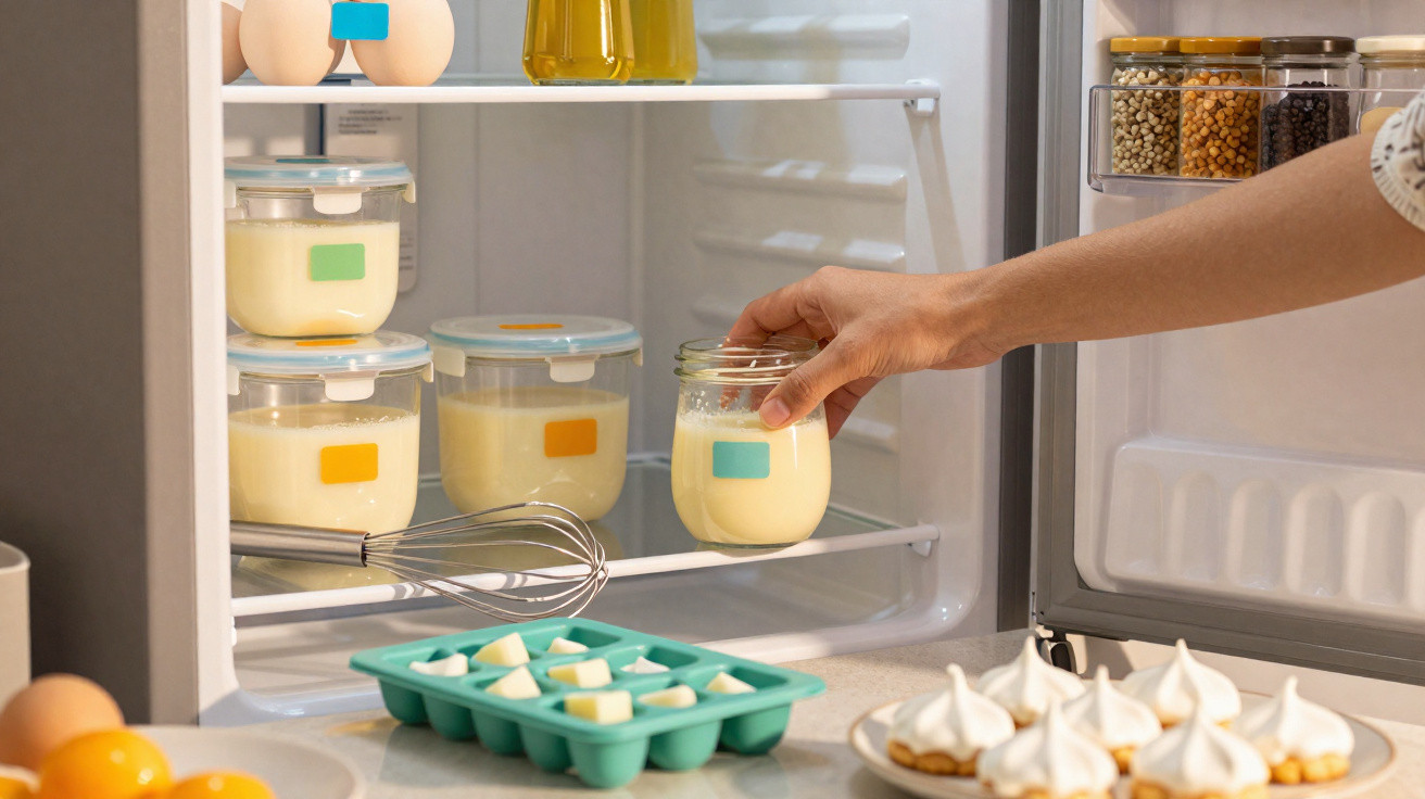 Pessoa pegando pote com creme na geladeira cheia de alimentos e utensílios de cozinha.