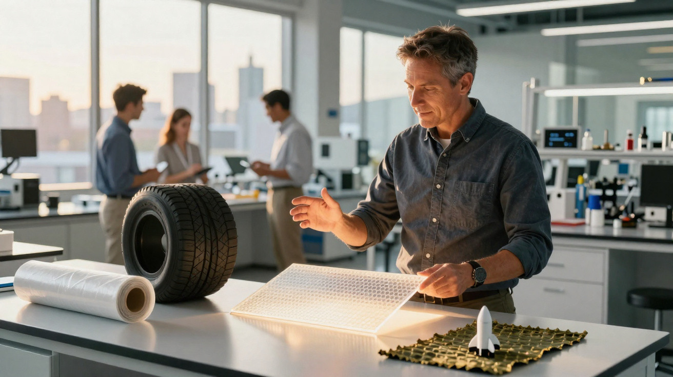 Homem analisando protótipos de materiais e modelos em bancada de laboratório com equipe ao fundo.