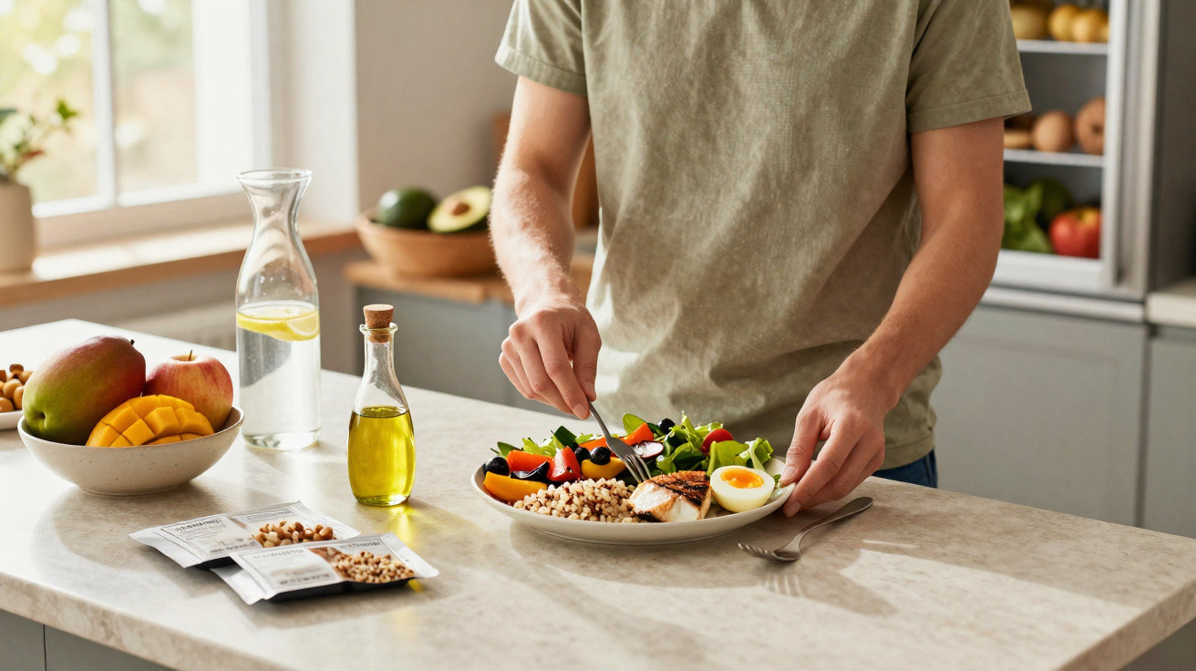 Pessoa preparando prato com salada, ovo, arroz e legumes em cozinha moderna iluminada.