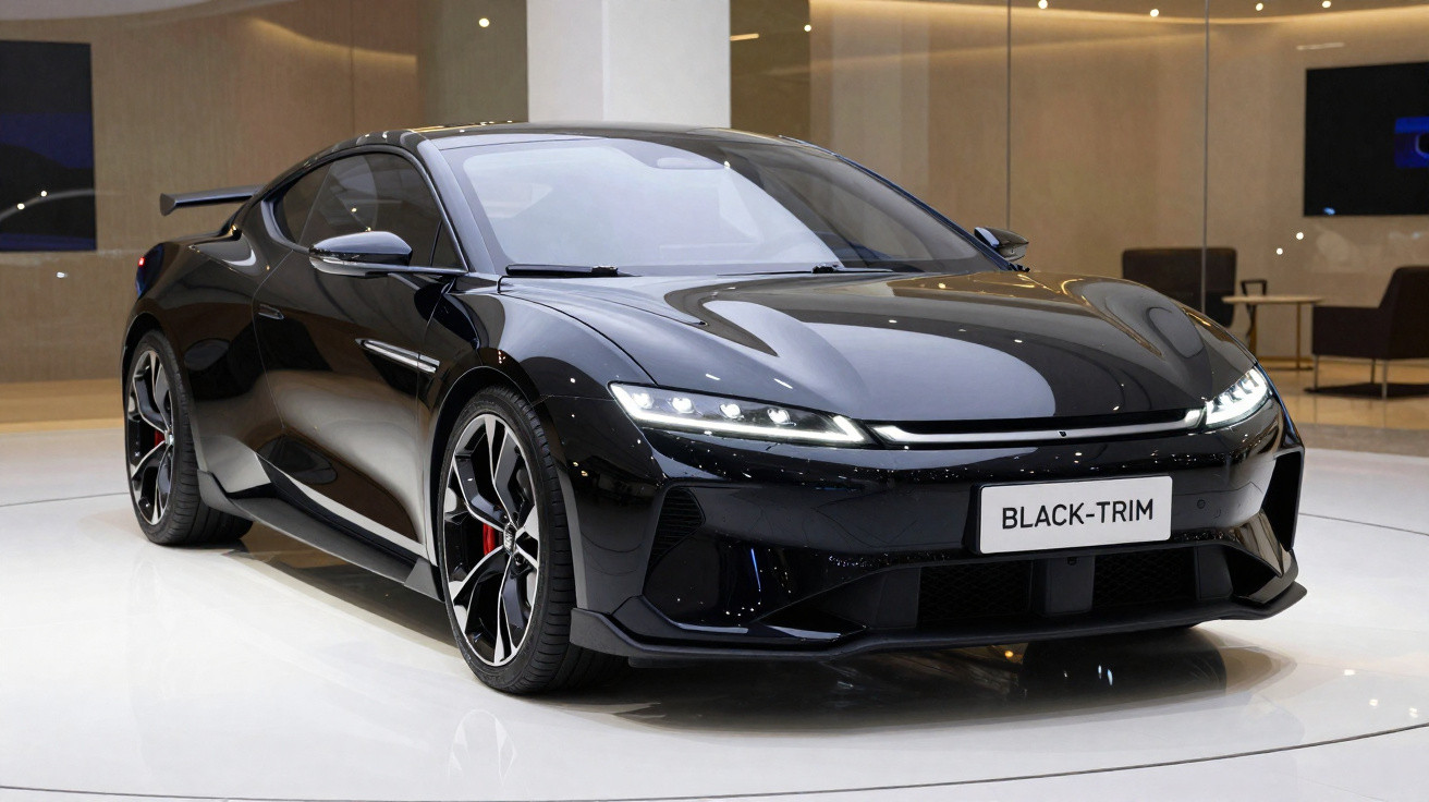 Carro esportivo preto reluzente em exposição interna com luzes LED dianteiras acesas.