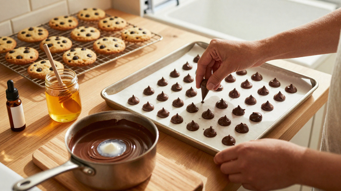 Pessoa fazendo gotas de chocolate em forma de coração em assadeira com biscoitos e ingredientes ao redor na bancada da cozinh