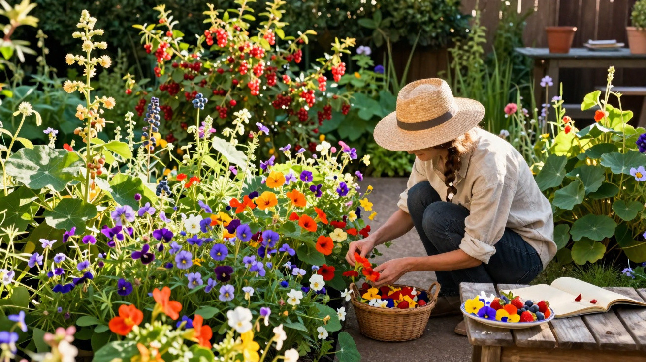 Mulher com chapéu cuidando flores coloridas em jardim ensolarado com cesta e livro aberto.